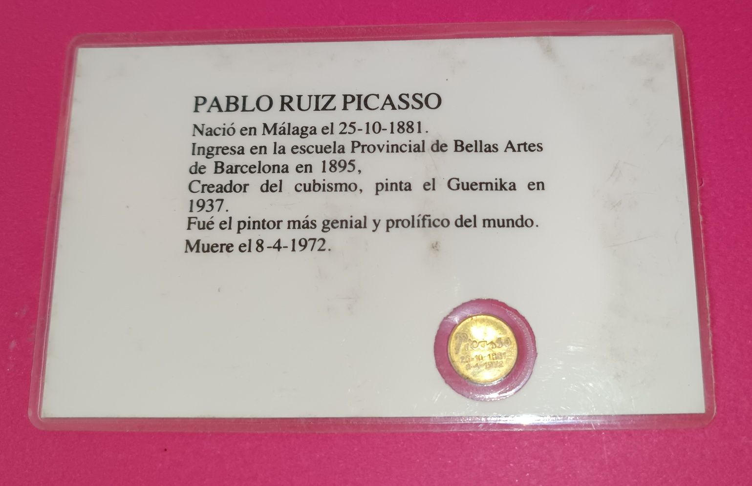 Antiga e rara Mini moeda comemorativa de Pablo Picasso