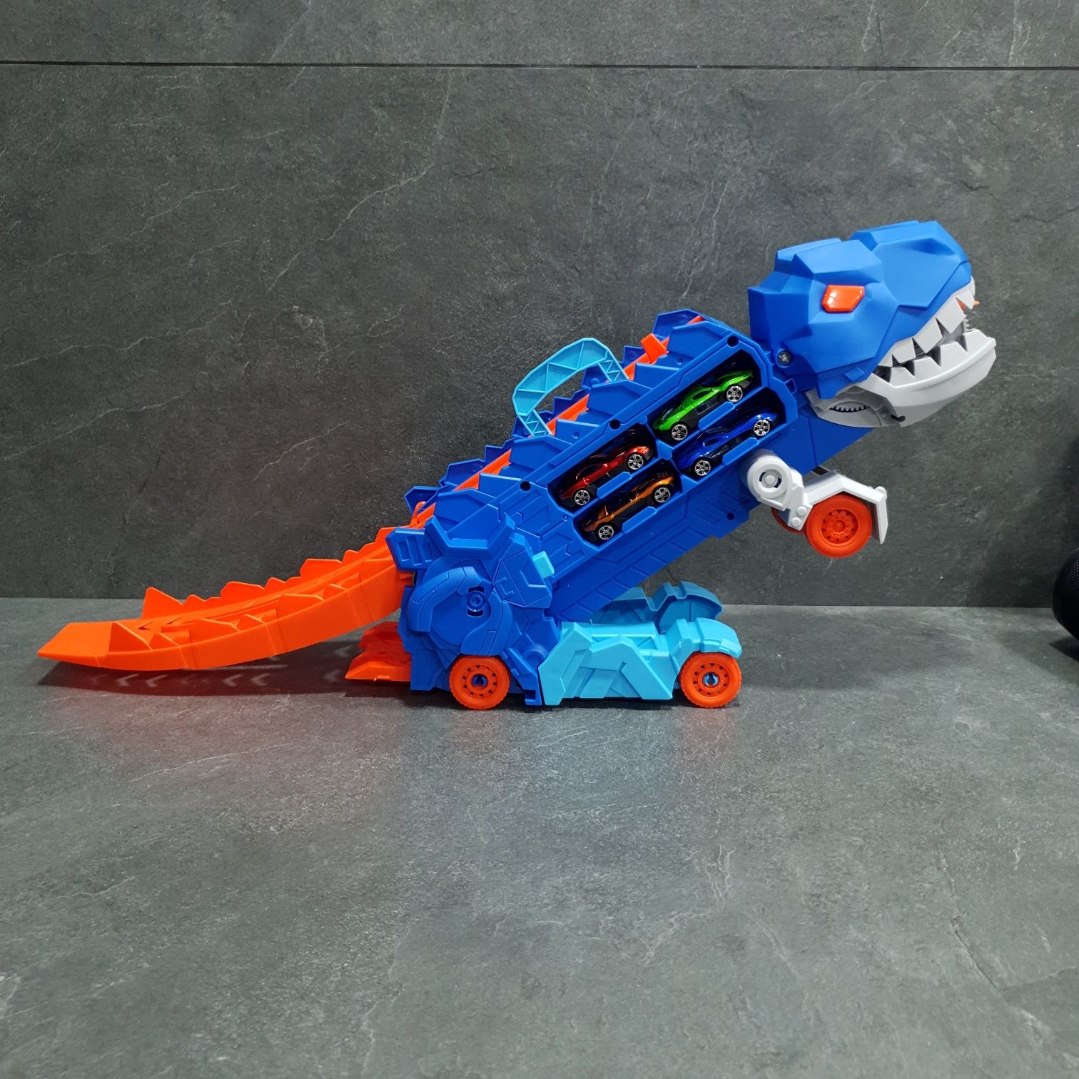 Мега трансформер Dino, трек динозавр, 2 в 1 Трек-Автовоз з 4 машинками