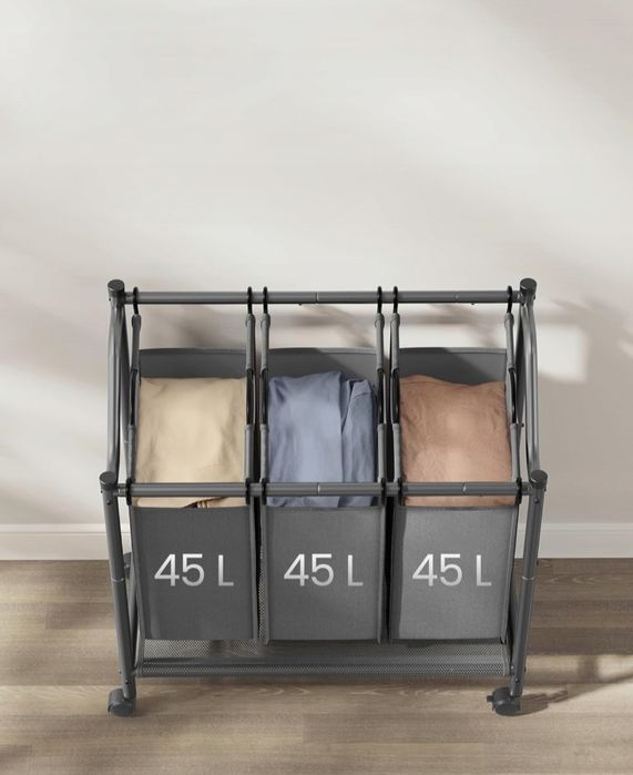 Kosz na pranie mobilny 3 komorowy 135L sorter wózek na pranie