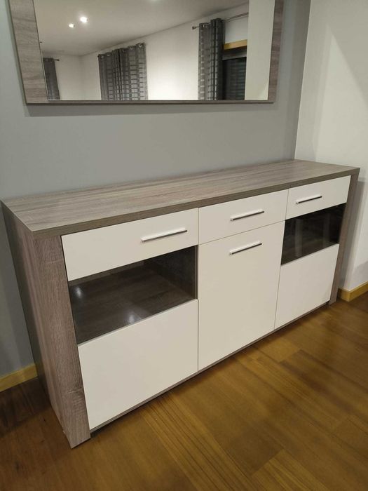 Aparador + Espelho Sala Paris Carvalho Cinza/Branco - Lourini