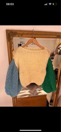 Sweter kolorowe rękawy bufiaste handmade oversize