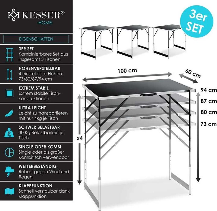 KESSER 2stoły wielofunkcyjne 3-częściowy 100×60 cm regulowany składany