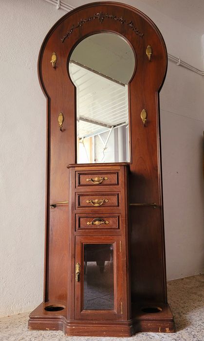 Chapeleira / Bengaleiro Antigo de Madeira com Espelho e Gavetas
