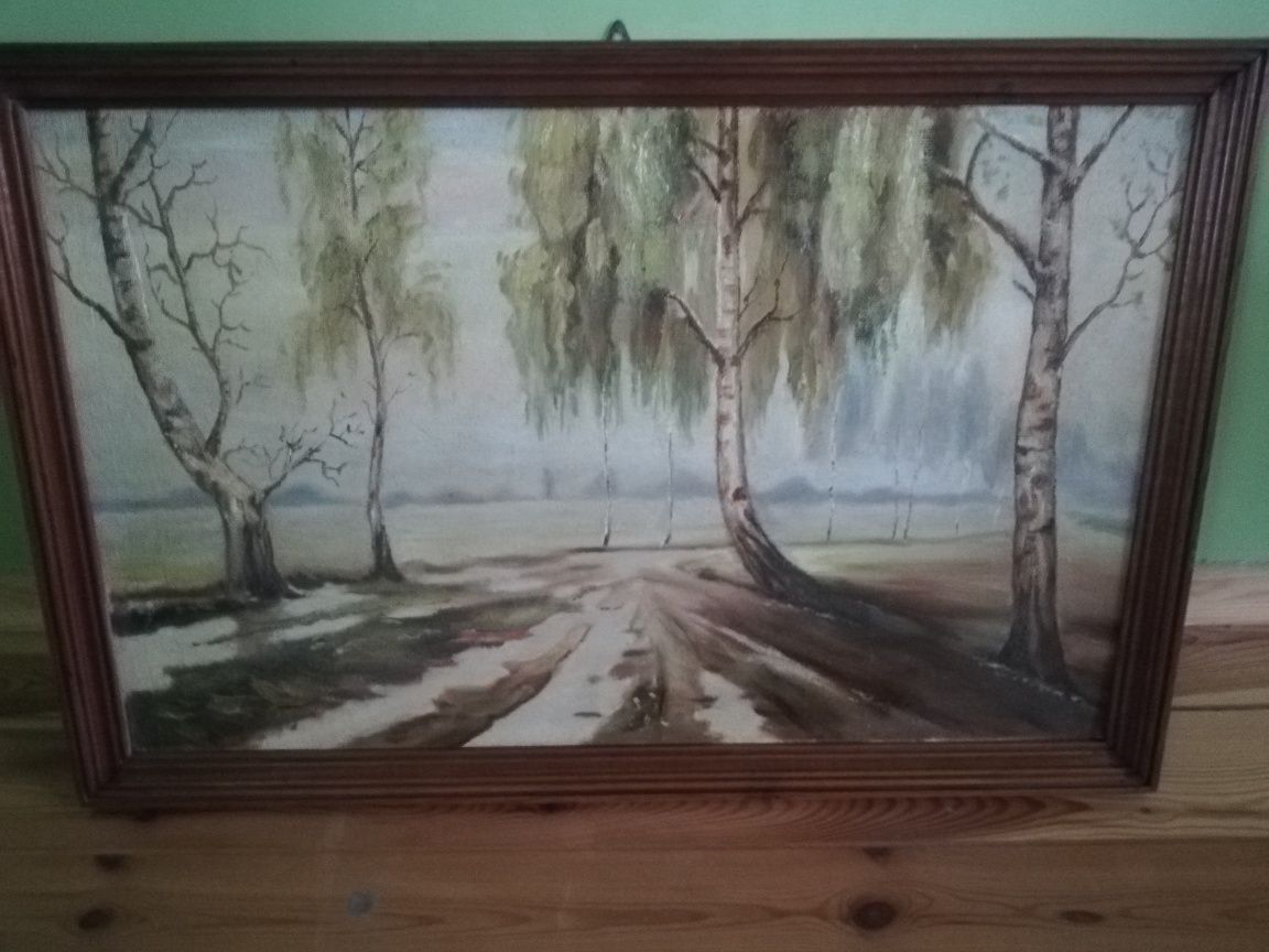 Obraz olejny na dykcie, pejzaż, w drewnianej ramie z PRL