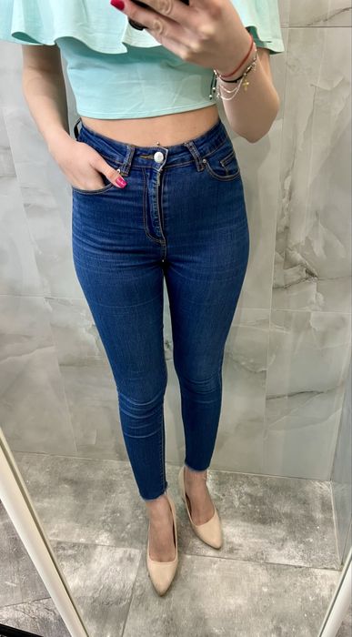 Spodnie z wysokim stanem granatowe 3/4 cropp xxs