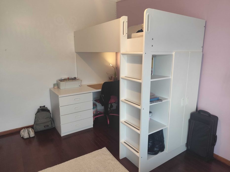 Cama alta IKEA branca, com secretária c/4 gavetas, 90x200 cm