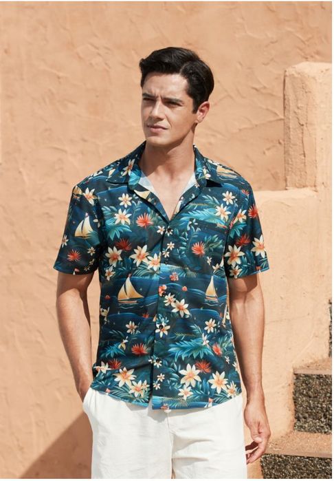 Męska koszula hawajska z krótkim rękawem,wzór żaglówki, rozm.S HISDERN