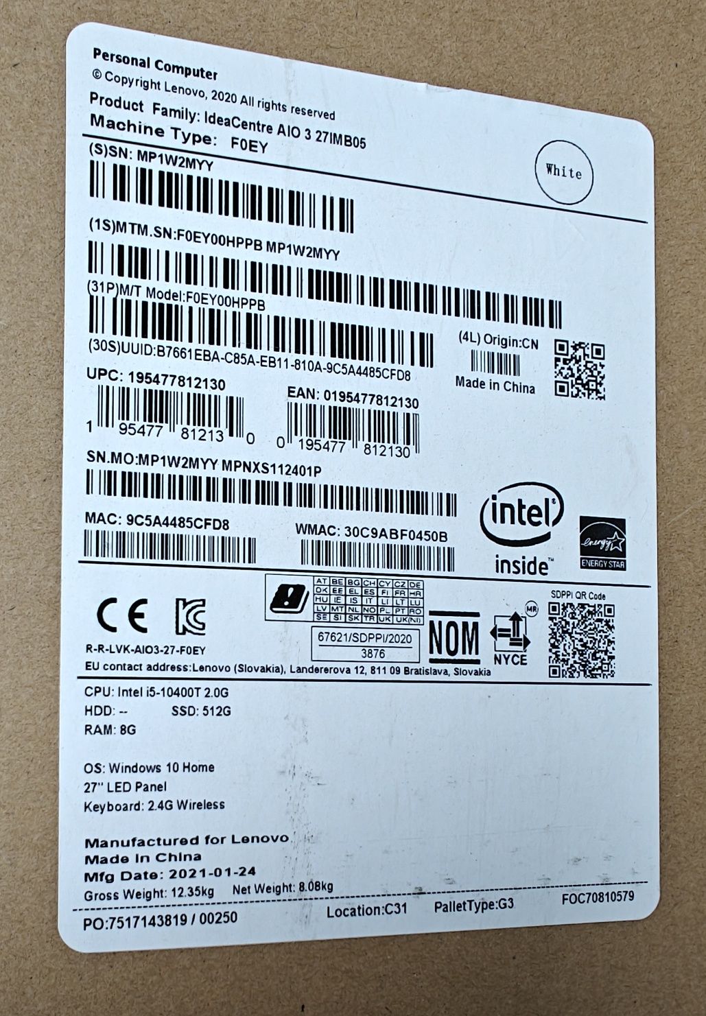 All in one Lenovo AIO 3 I5-10400T