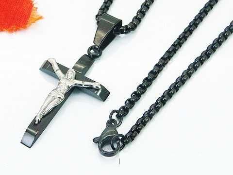 Męski czarny łańcuszek stal chirurgiczna zawieszka krzyżyk Jezus LM17