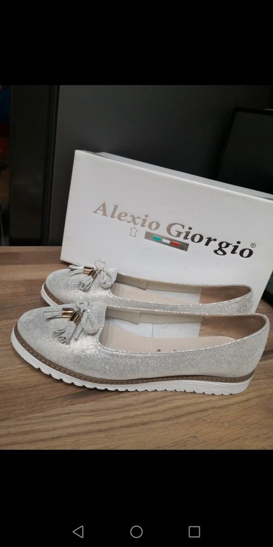 Skórzane buty damskie Alexio Giorgio srebrne espadryle baleriny