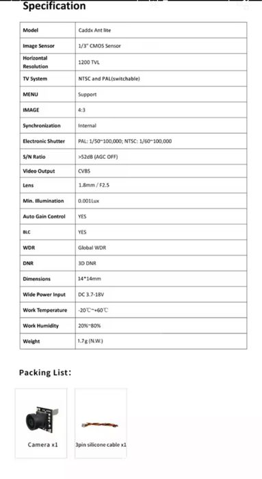 Аналогова Камера  FPV Caddx ant lite 1200TVL для Tinywhoop