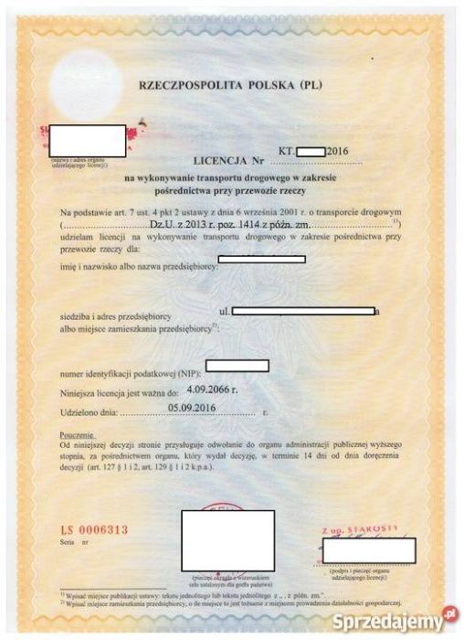 Licencja transport między kraj Certyfikat pomoc w form. FAKTURA