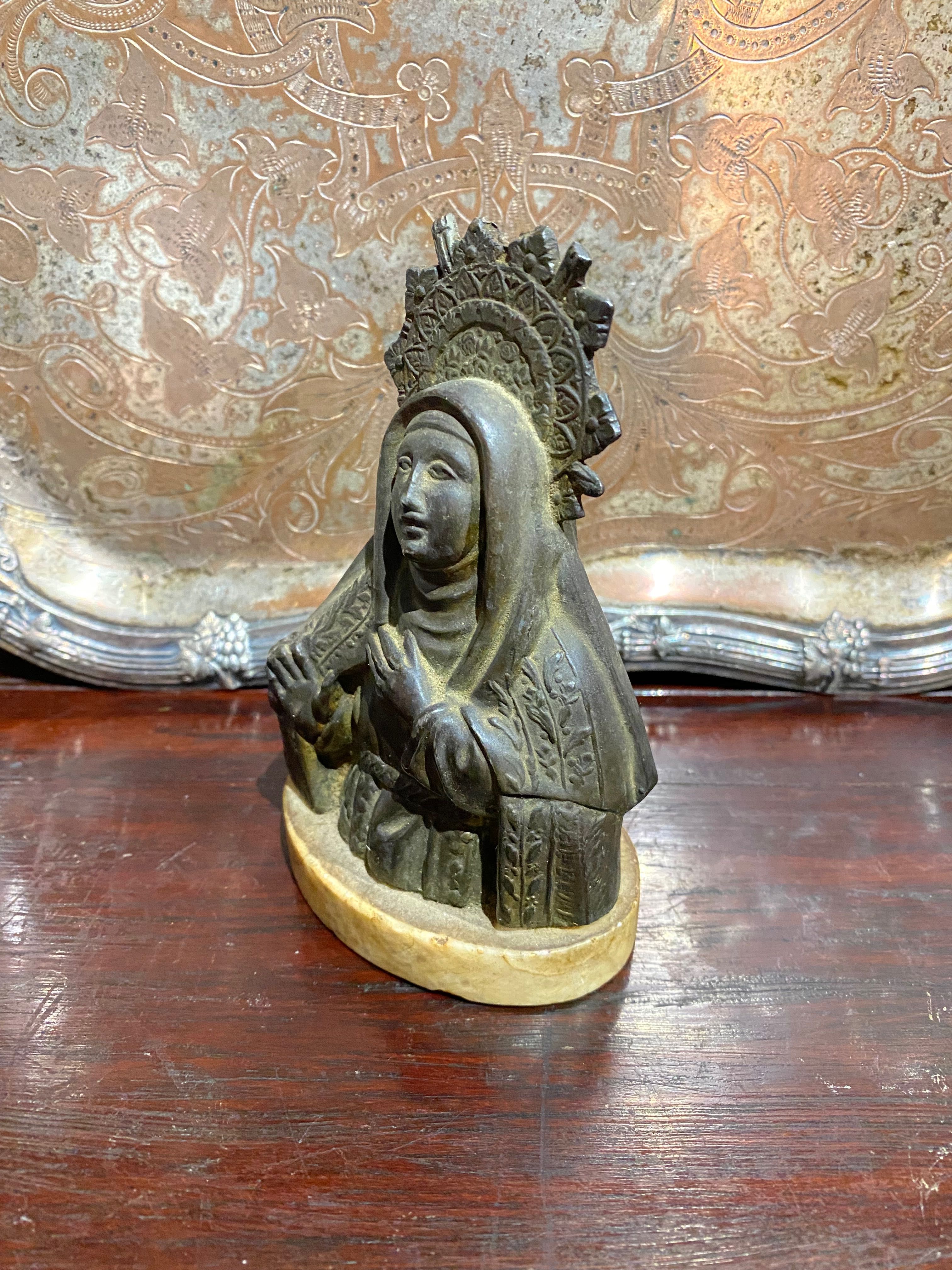 Escultura Nossa Senhora Santa Séc XIX Bronze Itália 13 cm
