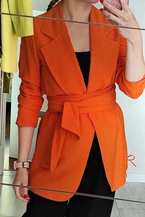 Pomarańczowa Marynarka z paskiem, wiskoza i len Naree S 36 wiosna lato