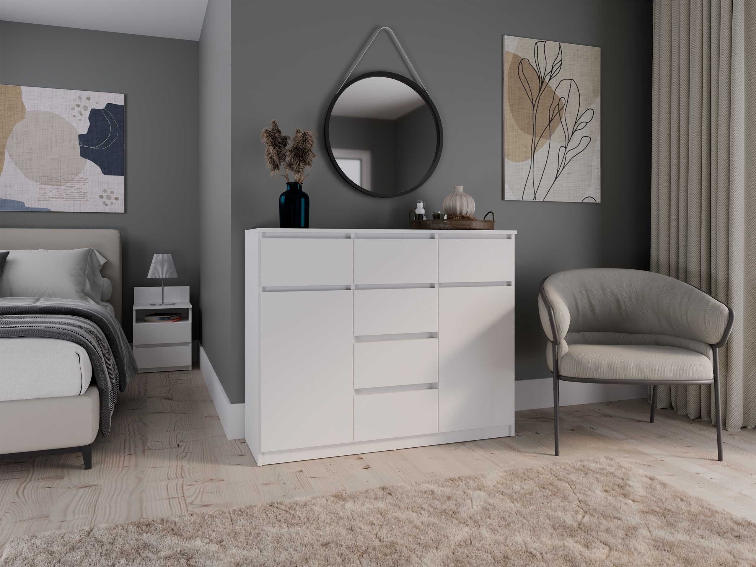 KOMODA 2D6S BIAŁA Szafka 120 cm 6 Szuflad 2 Drzwi Do Salonu