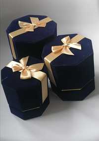 Pudełka na prezent 3 w 1 flowerbox aksamitne z piękną kokardą granat