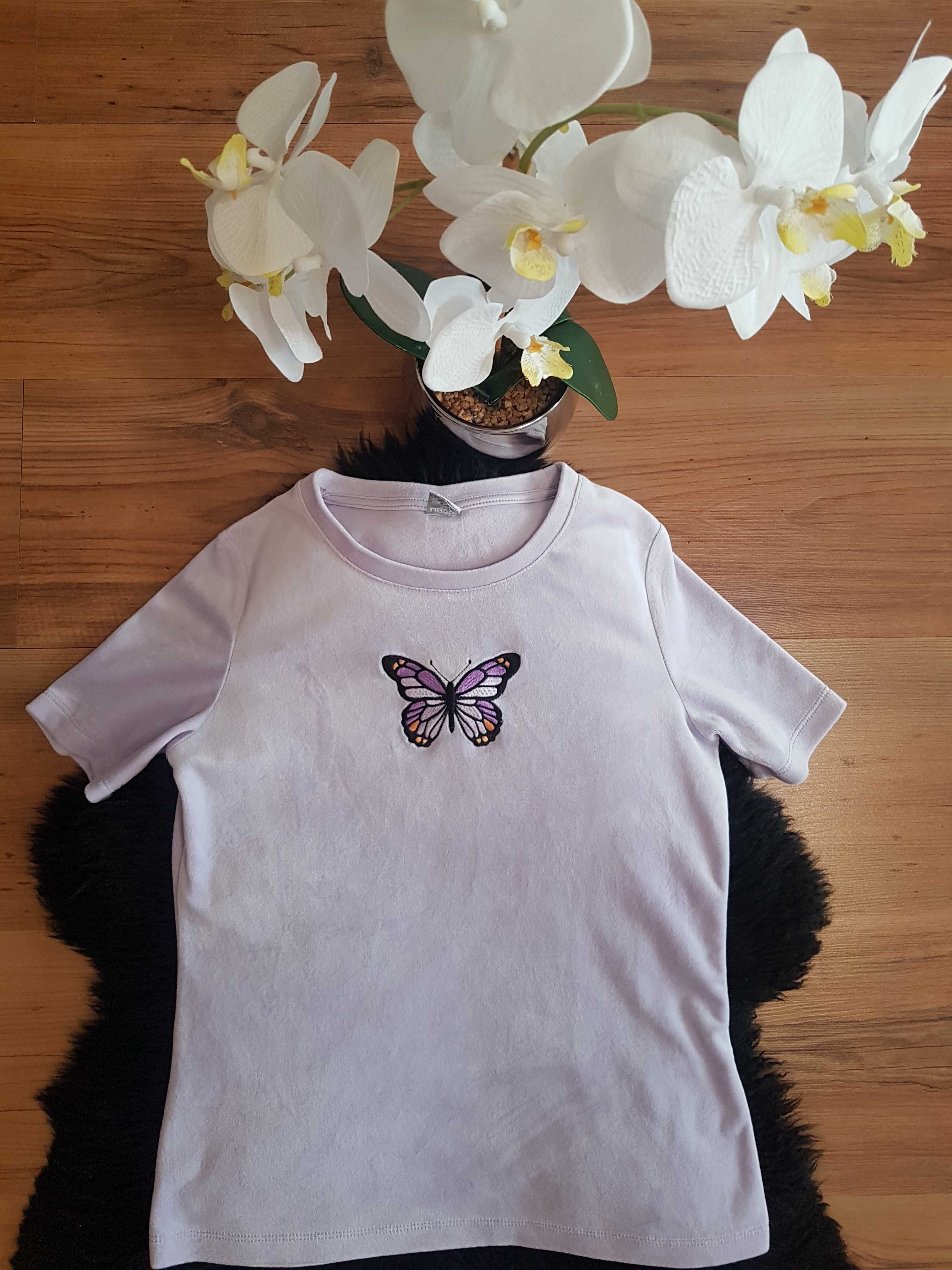Cudny zestaw:) biała ogrodniczka welurowa bluzeczka motyl 140/146