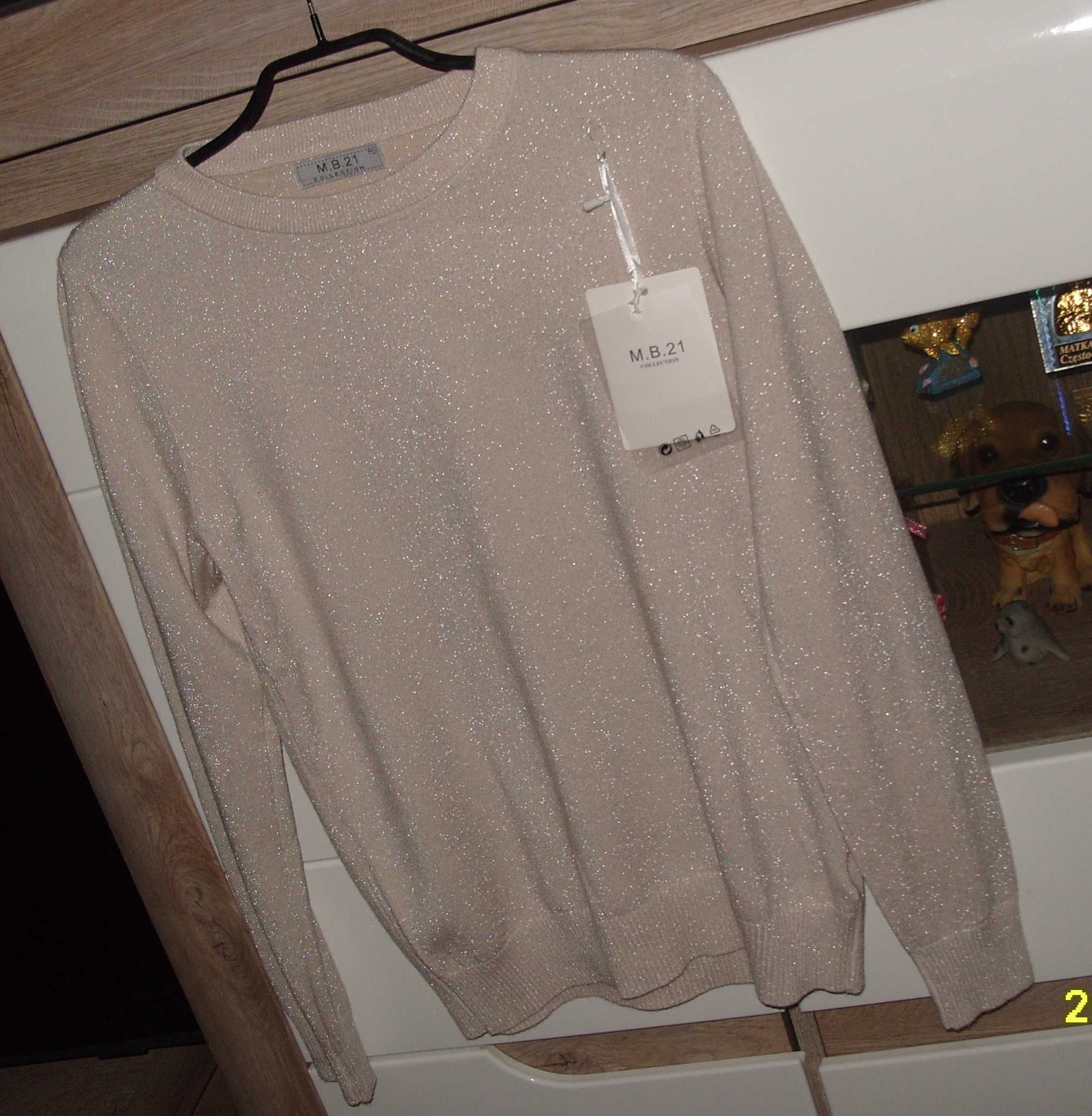 NOWY Beżowy sweterek z srebrną nitką Lurex  r. M/L