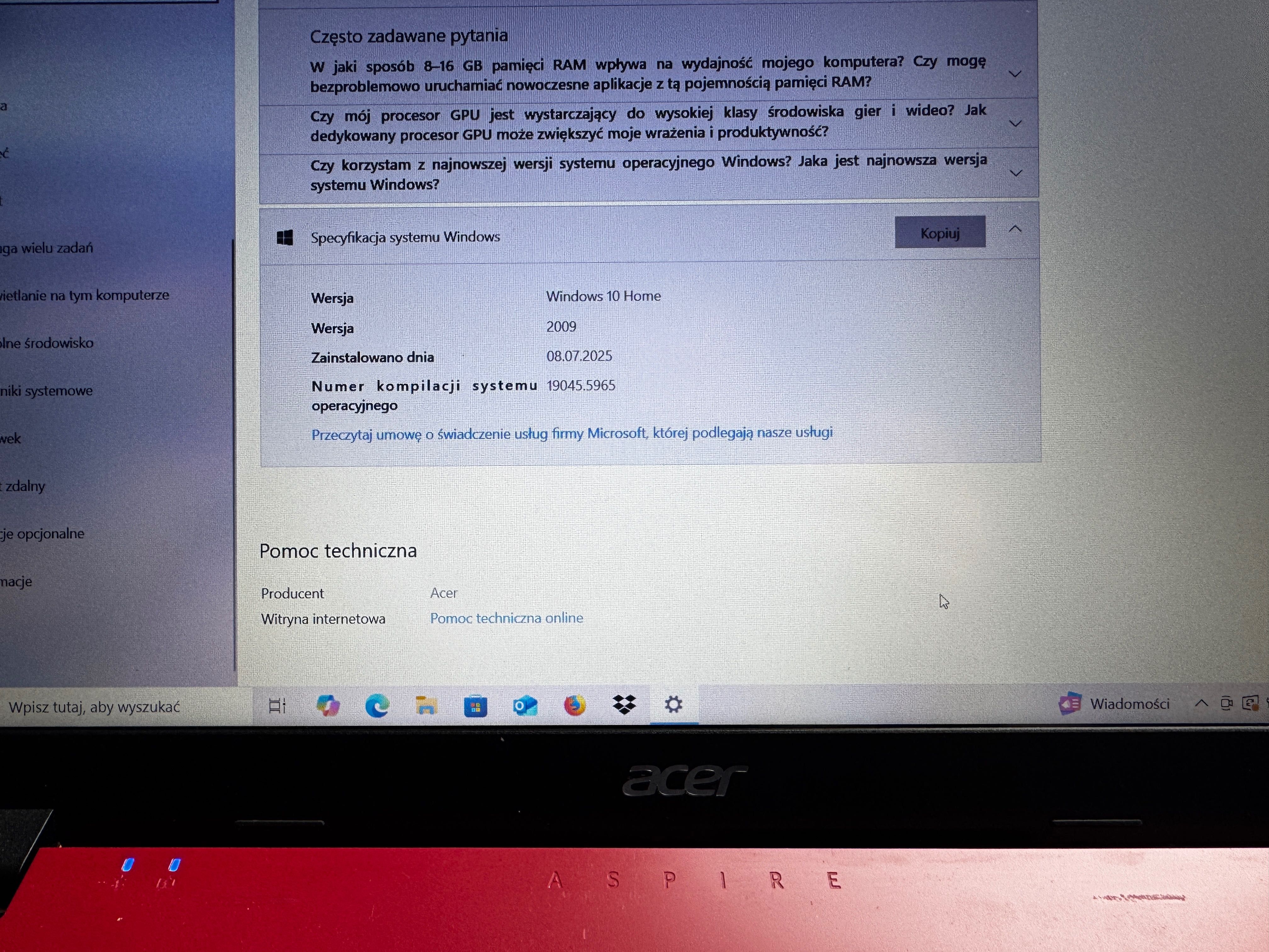 Laptop ACER Aspire 3 N19C1 czerwony, i3, 8G RAM, 240G SSD