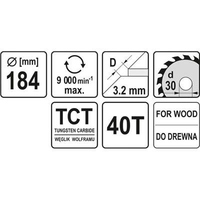Tarcza piła widiowa do drewna 184x40Tx30mm Yato