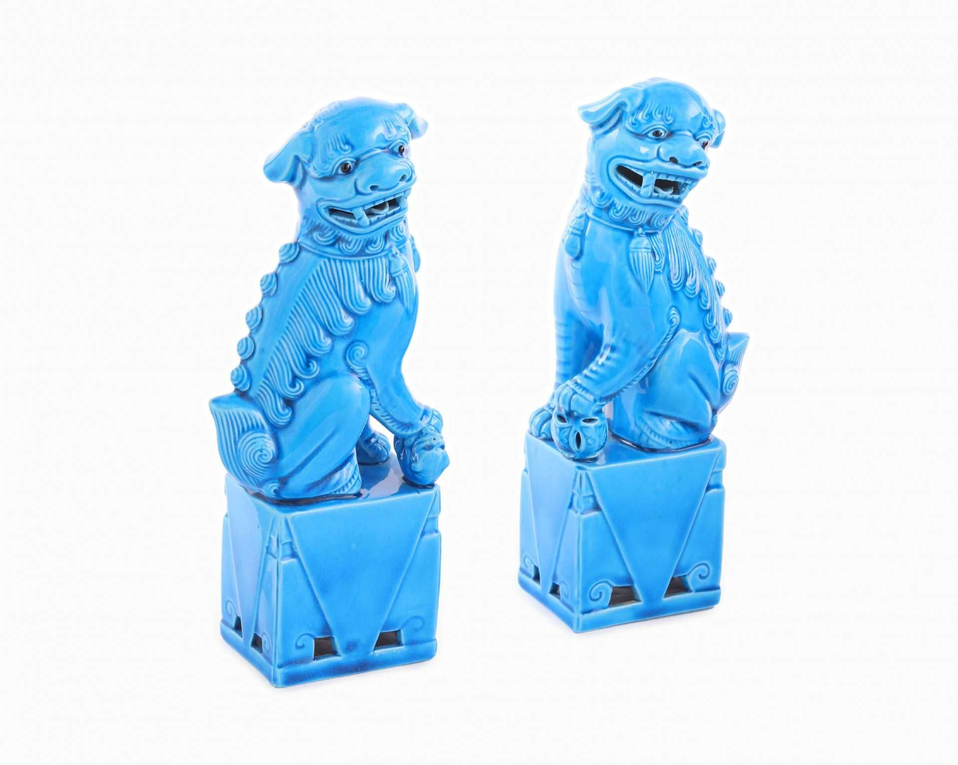 Par de cães de Foo em porcelana da China cor Azul Turquesa