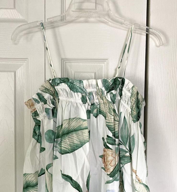 H&M XS-M naturalna krótka sukienka mini w tropikalny wzór liście
