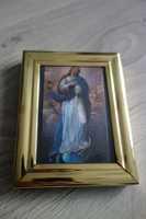 Maryja depcząca węża mały religijny obrazek tzw. święty złota ramka
