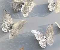 Motyle Srebrne 12 sztuk Motylki do przyklejenia na ścianę lodówkę
