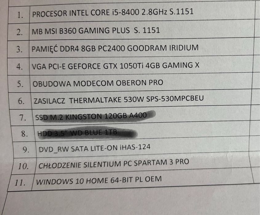 Komputer+monitor/gtx1050ti/i5-8400/ddr4-16gb/ssd m.2-500gb/hdd-2tb
