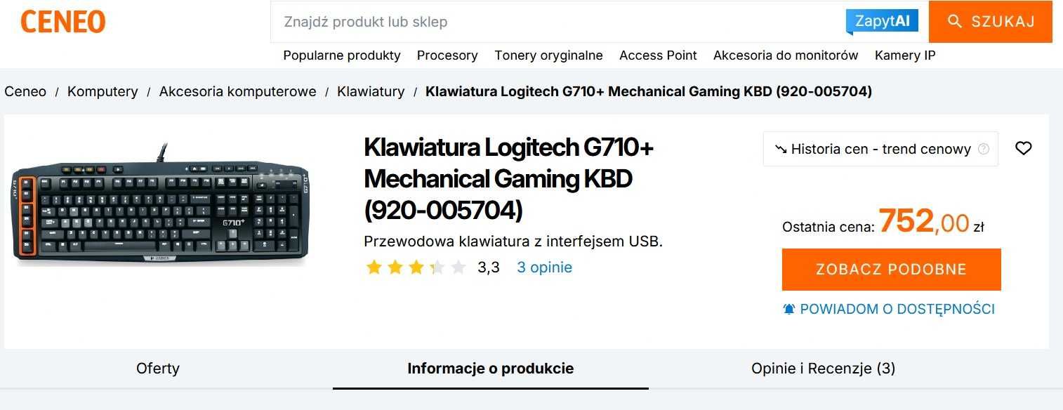 Klawiatura Gamingowa Logitech G710+ Klawiatura mechaniczna dla Graczy