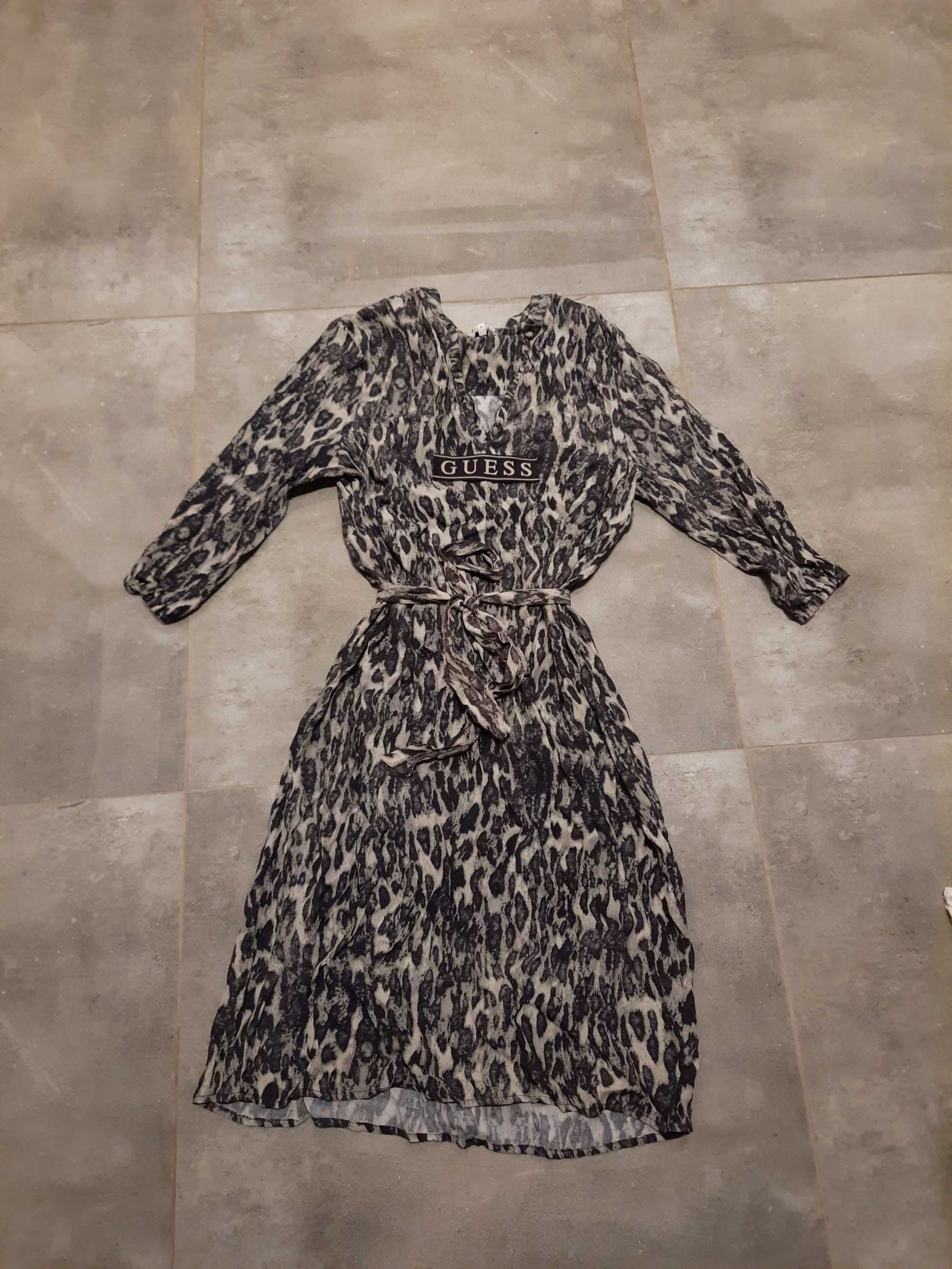 Nowa sukienka elegancka guess 3/4 midi szara panterka stojka  38 m