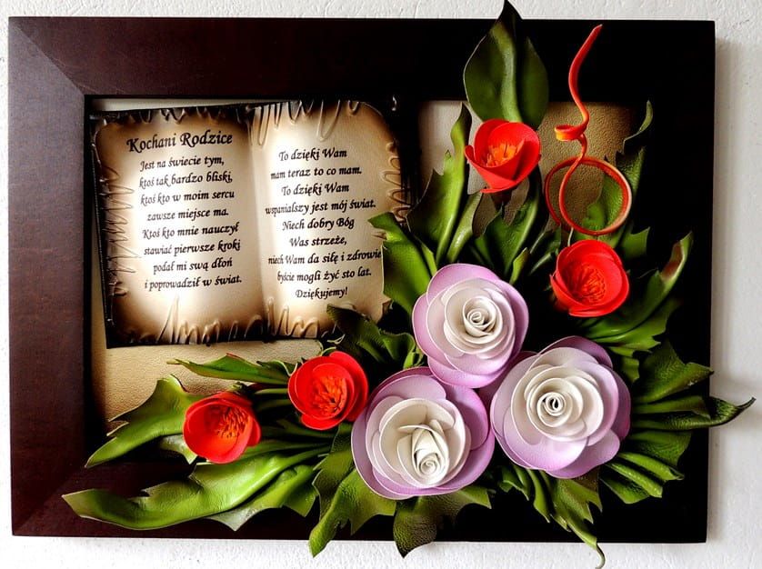 piękne podziękowanie dla rodziców - obraz z dedykacją i kwiatami
