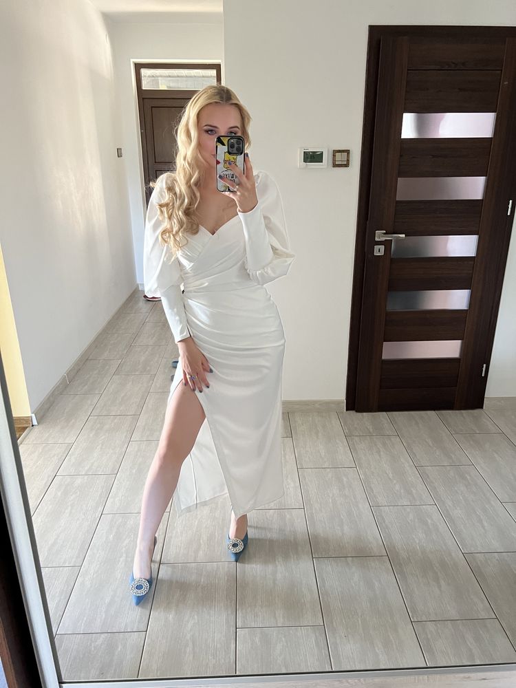 Sukienka biała satynowa elegancka na Chrzest, Wesele, Poprawiny