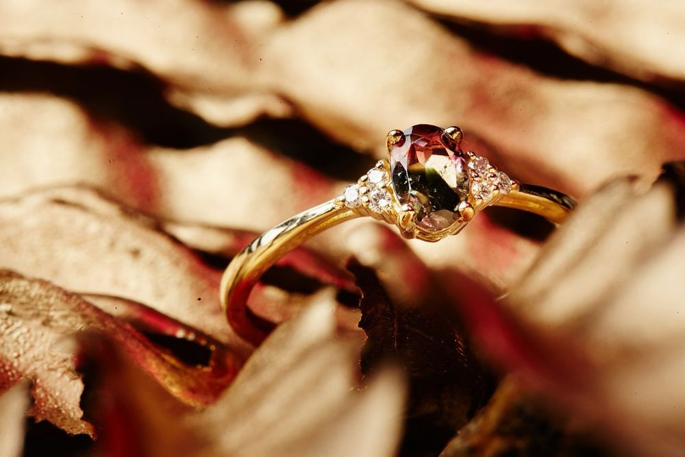 Pierścionek złoty Turmalin Arbuzowy Diamenty Złoto 585