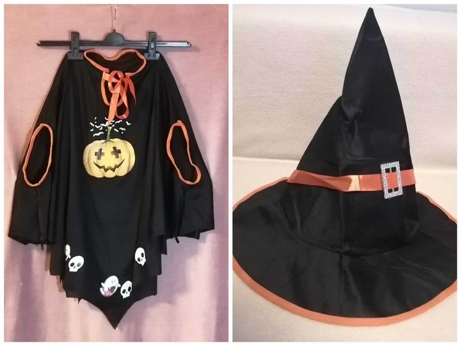 Kostium Halloween – poncho z dynią + kapelusz czarownicy