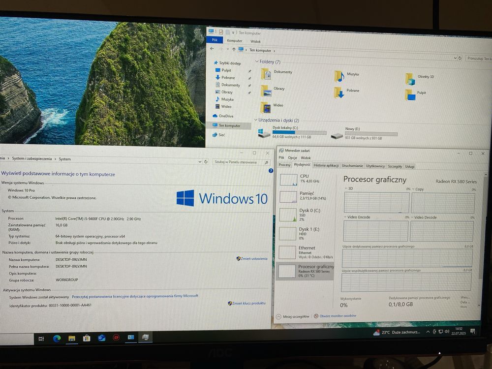 Pc i5-9400f, 16GB RAM, RX580 8GB, SSD 120GB,HDD 1TB