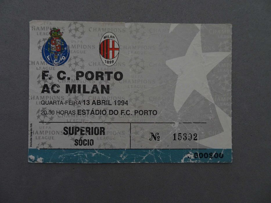 Bilhete futebol Porto Milan 13 Abril 1994