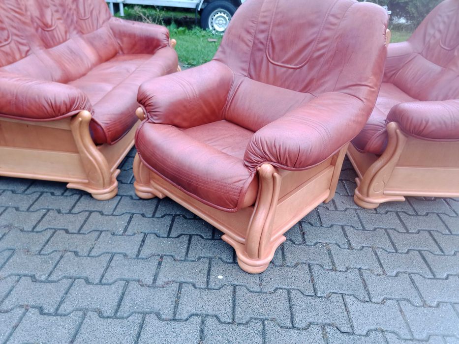 Komplet FLORYDA 3+2+1 i Ława Rozkładana i Podnoszona , Dąb -Skóra Brąz