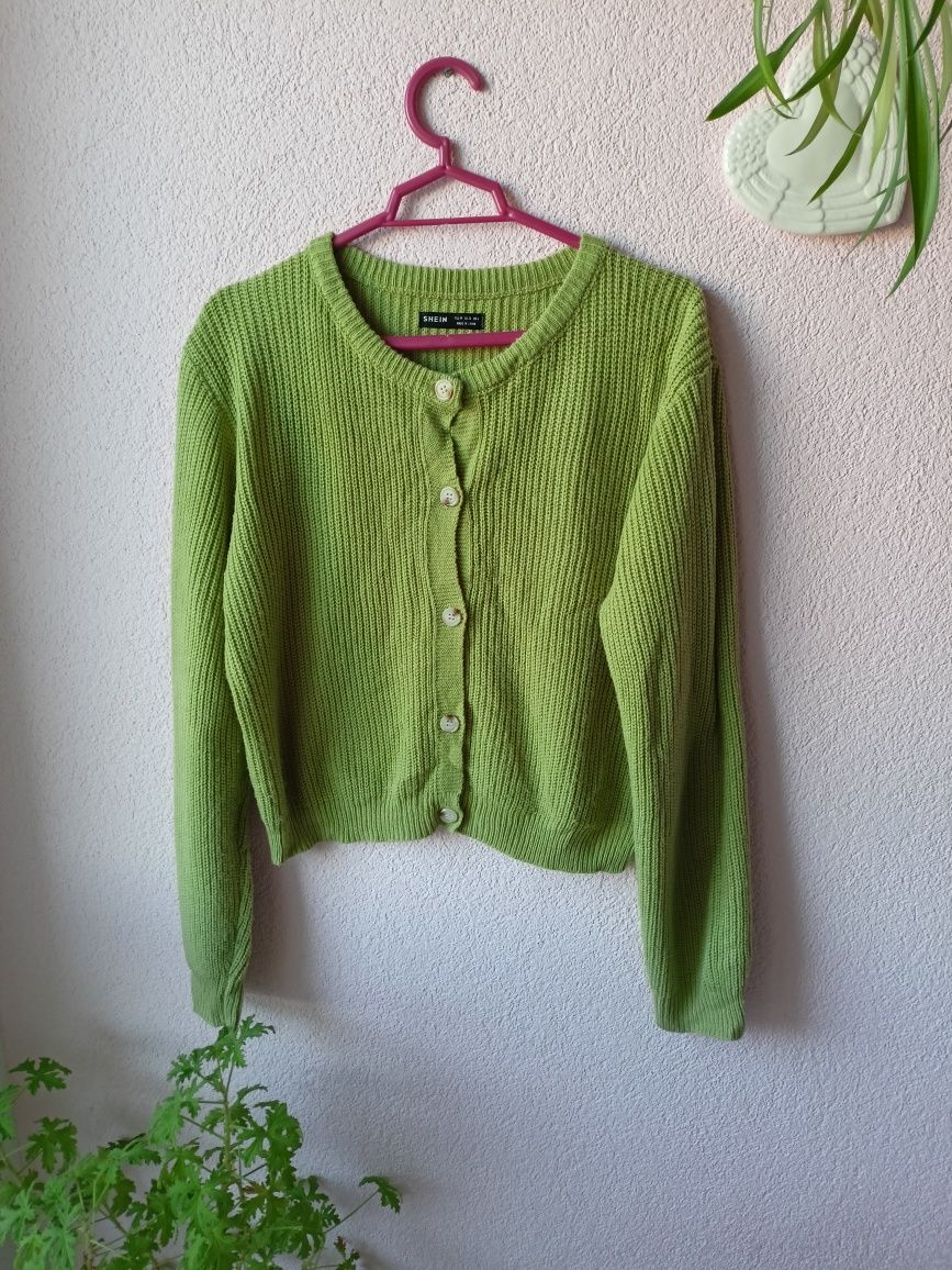 Sweter krótki kardigan rozpinany Zielony Groszek Shein M oversize
