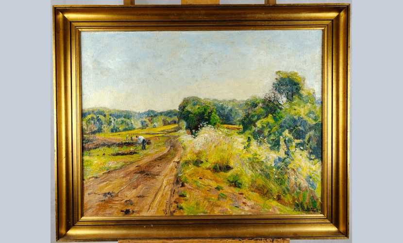 Obraz olejny, wiejski pejzaż z drogą, Aage Bertelsen