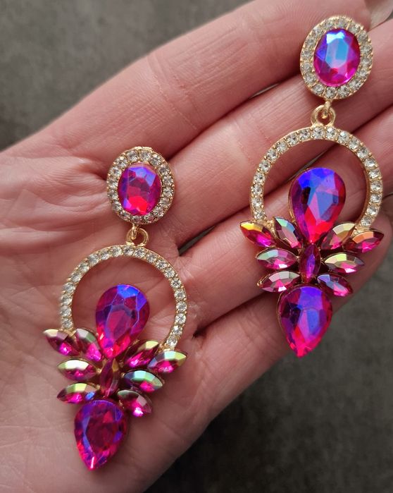 Kolczyki holo kryształki róż fuksja srebrne cyrkonie  złoty podkład