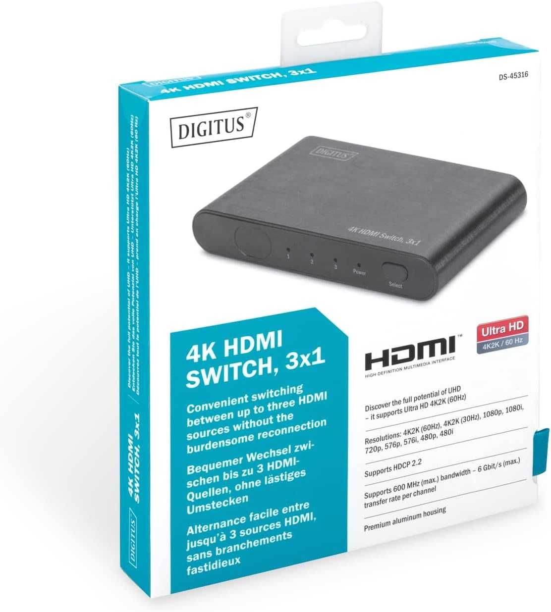 Digitus - HUB HDMI 4K (3 in, 1 out), 4K60Hz, HDCP 2.2, HDMI 2.0