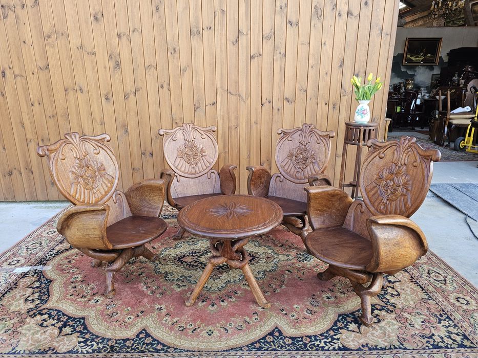 Rzeźbione  fotele 4 szt + stolik orzech orient wypoczynek #1592 Węgrów