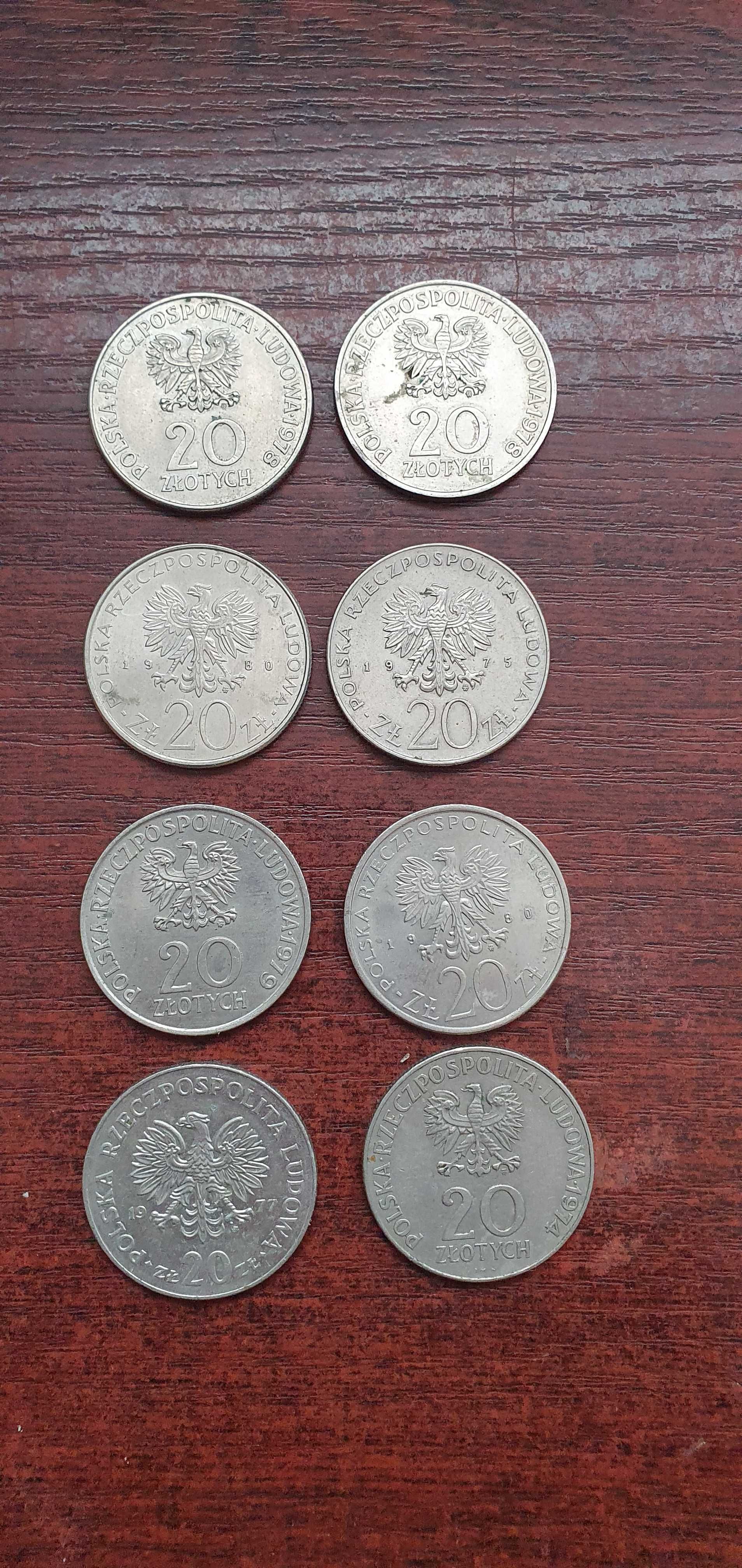 Moneta 20 zł. z lat 1974/75/77/78/79/80r  osiem sztuk.