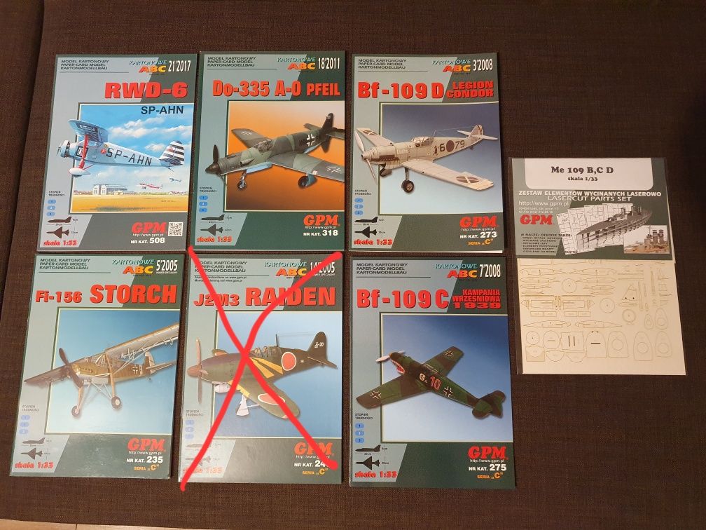 5 modeli kartonowych GPM 2xBf-109, RWD-6, Fi-156, Do-335 + wręgi
