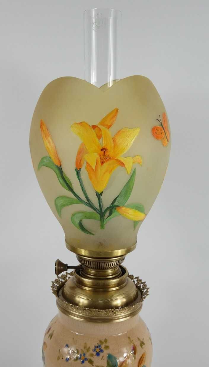 Wazonowa lampa naftowa IDEAL BRENNER kominek klosz motyl lilia