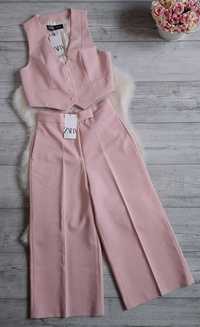 Garnitur Zara komplet kamizelka i spodnie culotte pudrowy róż S 36