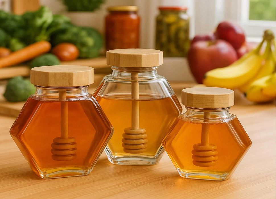 Szklany Słoik na Miód z Pałeczką i Zakrętką Bambusową 100ML