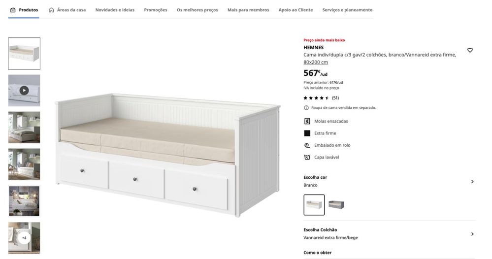 IKEA HEMNES Sofa & Cama indiv/duplo com 2 Colchao
