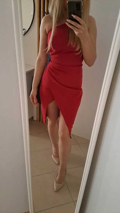 Sukienka imprezowa na wesele XS czerwona asymetryczna